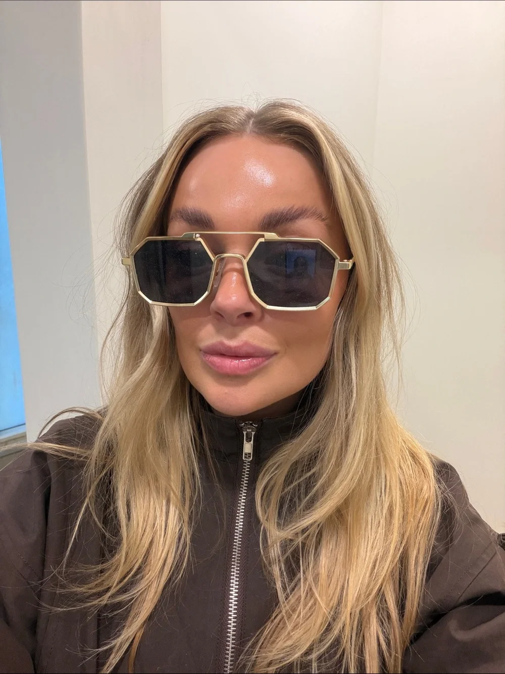 Gold-Trim Hexagon Sunglasses - Black Lenses